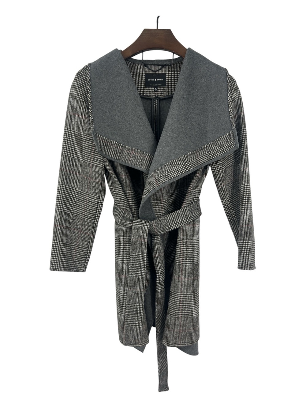 Lucky Brand Plaid Double Face Wrap Jacket grey multi hounds tooth wool blend M